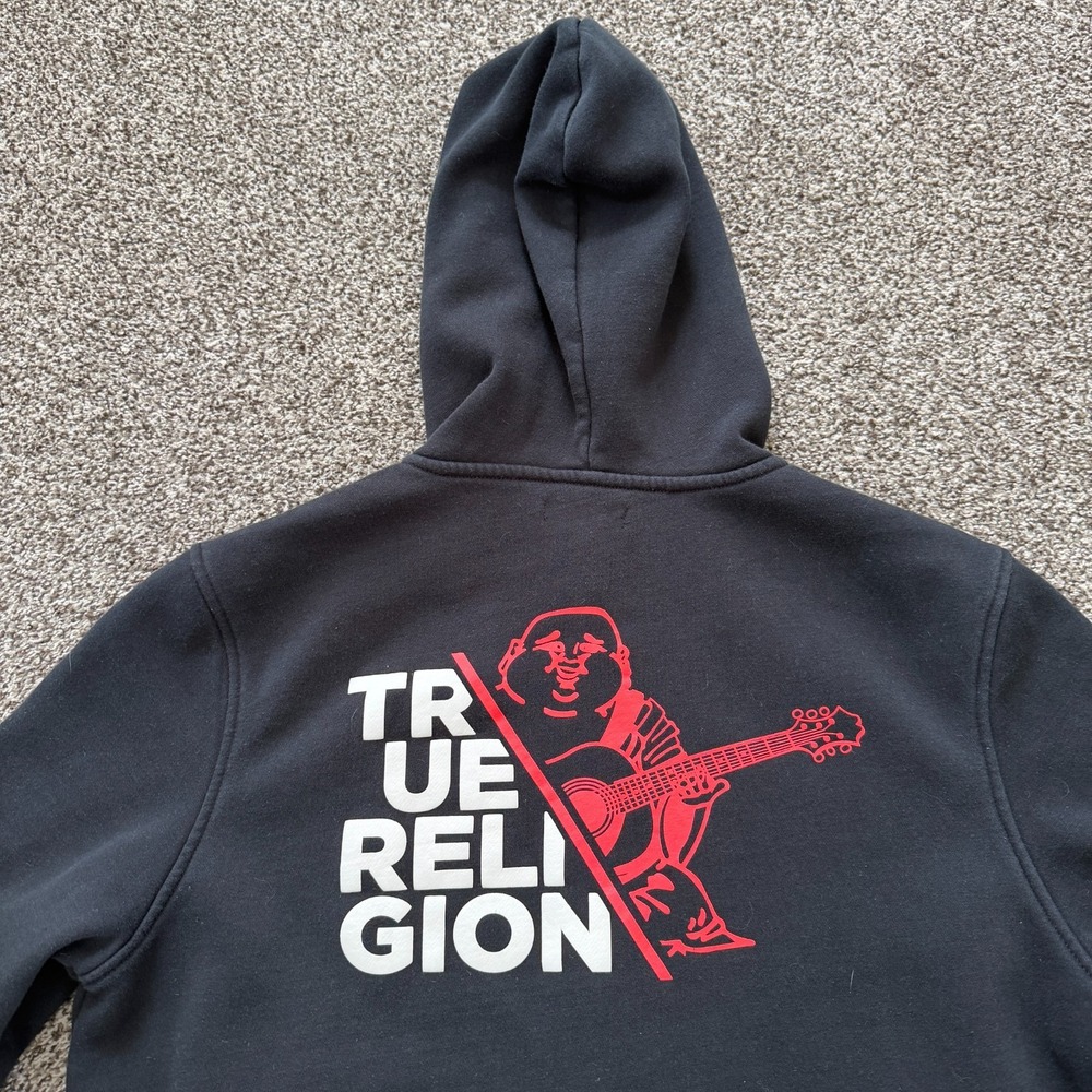 True Religion Men's Size L Black Full-Zip Hooded Fleece Hoodie Pockets Buddah
